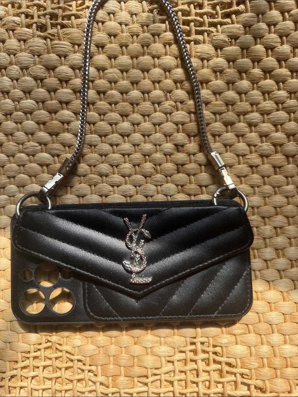 Black Quilted Leather iPhone Case with Silver Chain